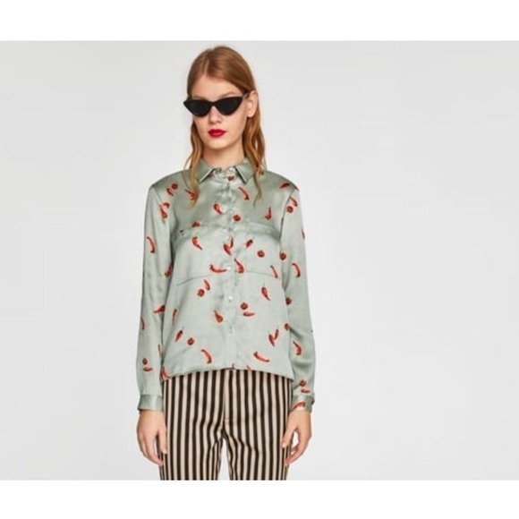 Zara Tops - Zara Basic Blouse Women Large Sage Chili Pepper Button Down Foodie Kitsch Whimsy